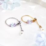 煌めく紫陽花 サージカルステンレスチェーンリング 揺れる華奢リング〈シルバー・ゴールド〉〈指輪 金属アレルギー対応 調節可能 フリーサイズ スワロフスキー 水色 紫 透明感 梅雨 夏〉