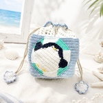 貝殻モチーフ付き ペンギン巾着バッグ/水色 ハンドメイド 裏地つき マチつき 小物入れ