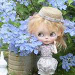 ブライスアウトフィット　ドール服　バルーンワンピースPetiteFleur 紫陽花の咲くころ　ネオブライス　花柄　くすみピンク　帽子