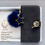 【iPhone・GALAXY・Xperia】サングラス☆星ミンクファー付きブラック☆黒スエード調手帳型ケース