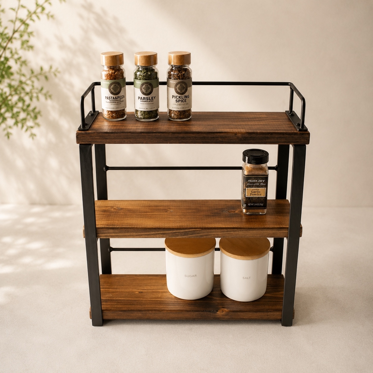 アイアン3段木材コンパクトスパイスラック・調味料棚・落下防止丸鉄