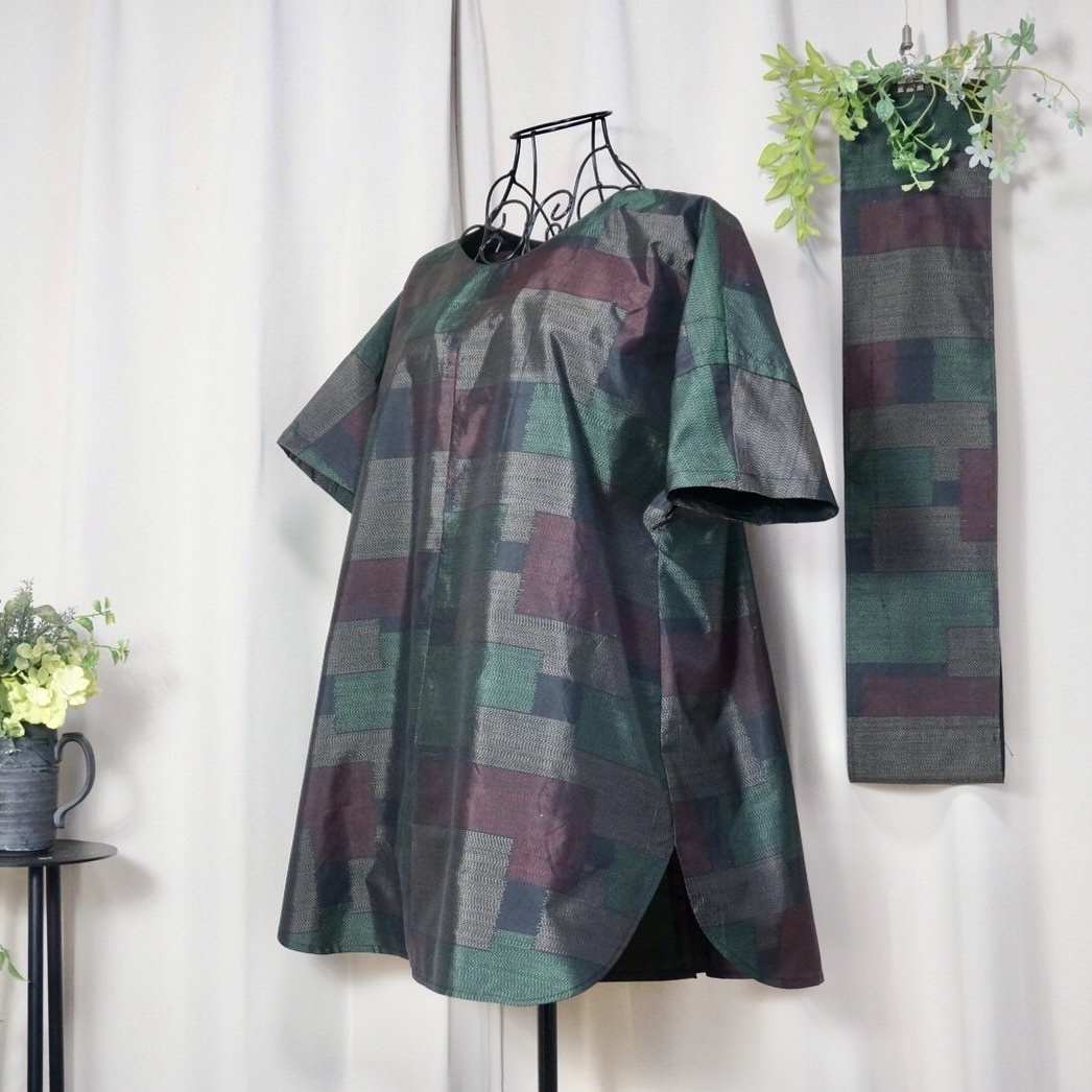 着物　大島紬　まとめ売り　着物リメイク　小物作り 大島紬 着物リメイク👘セットアップ🌟フリルストール付き豪華セット