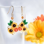 ひまわりの花束ピアス/イヤリング　つまみ細工　正絹羽二重　シルク