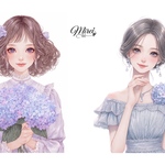 💠あじさいガール A6ステッカー4枚セット💠（ハーフ） No.S009　女の子イラスト コラージュ素材 Mireiオリジナル　女の子ステッカー　人物ステッカー 紫陽花 手帳デコ