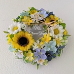 【再販】ひまわりとお花の小さめなリース ブルー系  紫陽花  (20cm)