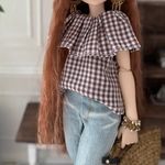 ギンガムチェックフリルブラウス　ブラウン　22cmドール　ドール服　ピュアニーモ