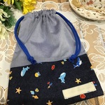 【再1】25×30⭐️25×35⭐️30×40❤️ミニポケット付ネイビー&ヒッコリー 海の生き物お魚たちのシンプルレッスンバッグ⭐️男の子⭐️