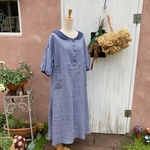 リネンの五分袖Aラインワンピース(ブルー系ギンガムチェック)