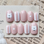 【サイズオーダー】しろくま×ピンクストライプのほっこりネイルチップ(ベリーショート/ショートオーバル/動物)