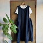 natural**ワッシャー濃紺エプロンワンピース