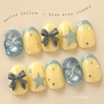 ネイルチップ　【butter yellow × blue star ribbon】