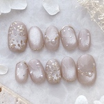 new♡シャンパンマグのフラワー&リーフネイル🌼🌿　ネイルチップ　結婚式　ウェディング　マグネット　手書きフラワー　ミラーフラワーネイル　お花ネイル　春　入学式　白無垢　花嫁　