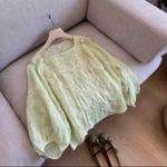 【受注製作】100%天然苧麻 アンティークレース切替刺繍ブラウス green