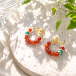 カーネリアンとターコイズのピアス/ノンホールピアス　天然石ピアス 　イヤリング　ゴールド　 夏アクセサリー　ビビットカラー　ビタミン
