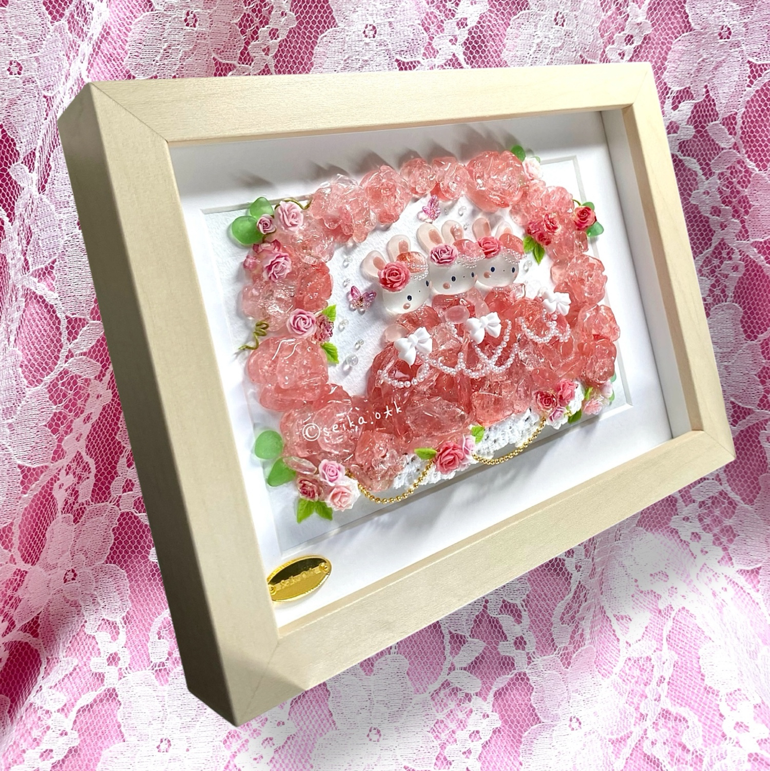 薔薇のドレス 舞踏会 シーグラスアート 玄関飾り ローズ 花 うさぎ雑貨