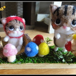 ＊きのこ狩りをするねこちゃん親子（茶）　置物＊