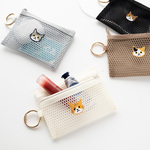 カラビナ付き メッシュフラットポーチ 【 刺繍 猫 】 リップポーチ キーケース 小物入れ マルチポーチ A359I