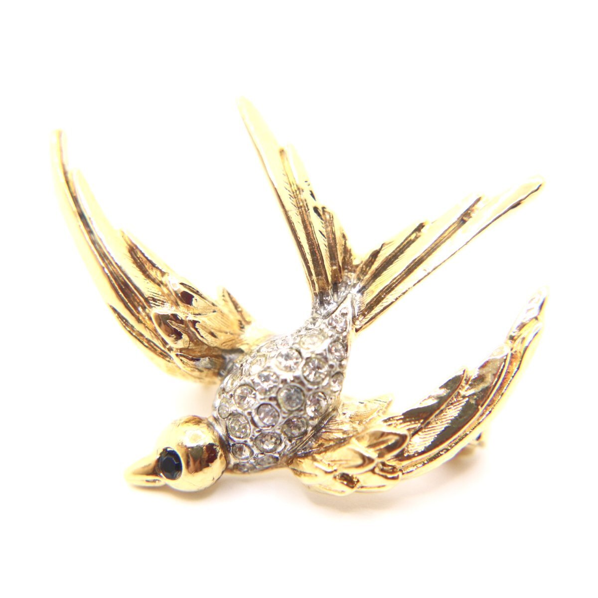 1970s Vintage gold tone clear rhinestone swallow brooch