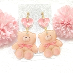 【１点のみ】🧸うるうるピンクハート🩷とふんわり優しいテディベアの大ぶりゆらゆらピアス🩷サージカルステンレスピアス✨イヤリングご変更可✨️