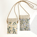 マーガレット刺繍×リネン　スマホショルダー　シンプルなデザイン　ショルダー紐は2種類