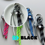 【BLACK】ネオンカラーシリーズブラックパラコード＆フェイクレザーコード＆ニコちゃんチャーム＆アクリルチェーン/バックチャーム キーリング ブラック シルバー