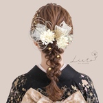 ドライフラワー  髪飾り　ホワイト×ゴールド　ヘアアクセサリー　Ｕピン　卒業式　成人式　和装　ウェディング