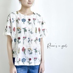 【植物図鑑❁リネン100%のTシャツ★花柄の半袖ブラウス】清涼感│大人可愛い│不規則│着瘦せ│T-249TL