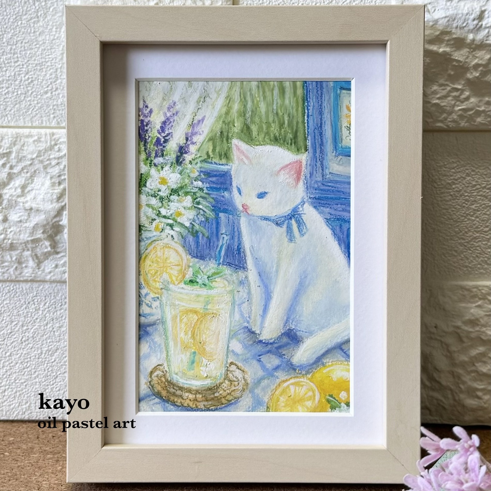 No.21『白猫とかき氷』〜ひまわり咲く窓辺で〜【額装原画】オイルパステル画 白猫とかき氷』〜ひまわり咲く窓辺で〜 【額装原画】 - letter's
