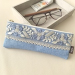 一点物＊インド刺繍リボンが目を惹く　マルチポーチ　メガネケース　ペンケース　ツイル風合皮