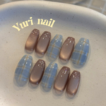 🩵水色×ブラウン チェック マグネット ジェルネイルチップ🩵 ブルー 茶色 偏光ラメ 秋 冬 韓国 ワンホン 【送料無料】