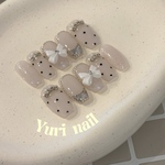 ♥ドット ビジュー ジェルネイルチップ♥ ガラスフレンチ 囲みチェーン 囲みネイル 白 リボン 水玉 韓国ネイル ワンホンネイル ヌーディ ちゅるんネイル チェーンネイル パール ホワイト ピンク 