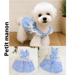 犬服＊リネンブルーチェックのスカラップワンピース