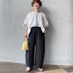 小柄S■快適リネン♡太ももゆったり 大人可愛フリル 夏のコットン麻パンツ 黒■KMC-154 784710