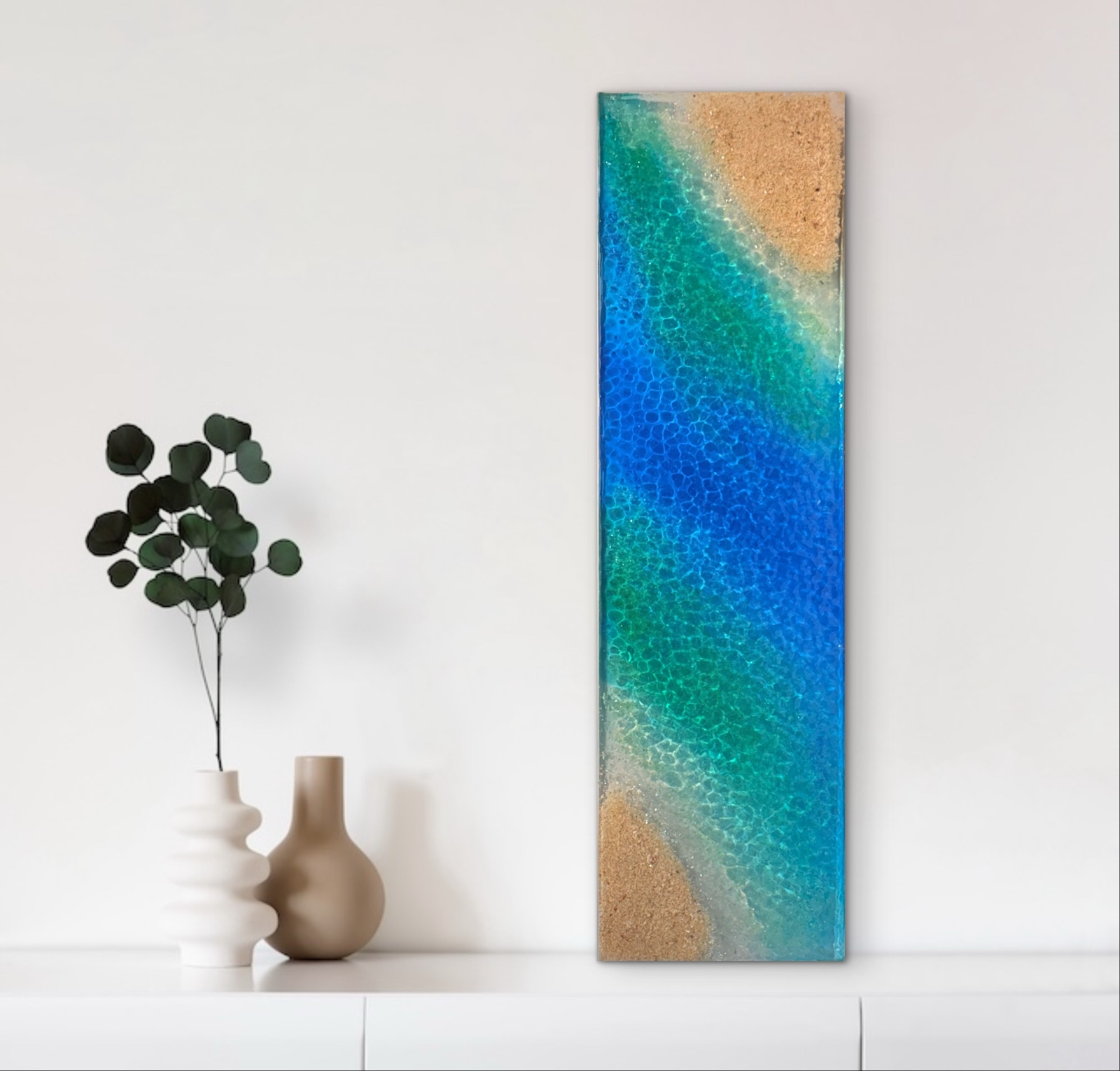 再販新作　アートパネル ２つの白砂のビーチとエメラルド浅瀬の海峡　90cm×25cm