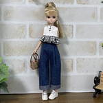 NO,649リカちゃん服  インディゴ　ロールアップデニム　ギンガムチェックペプラム　ブラウス　夏のオシャレデニムコーデ　リアルクローズ