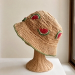 🍉スイカの麦わら帽子風夏帽子/バケットハット/クロシェハット/エコアンダリヤ/編み物/ラフィア