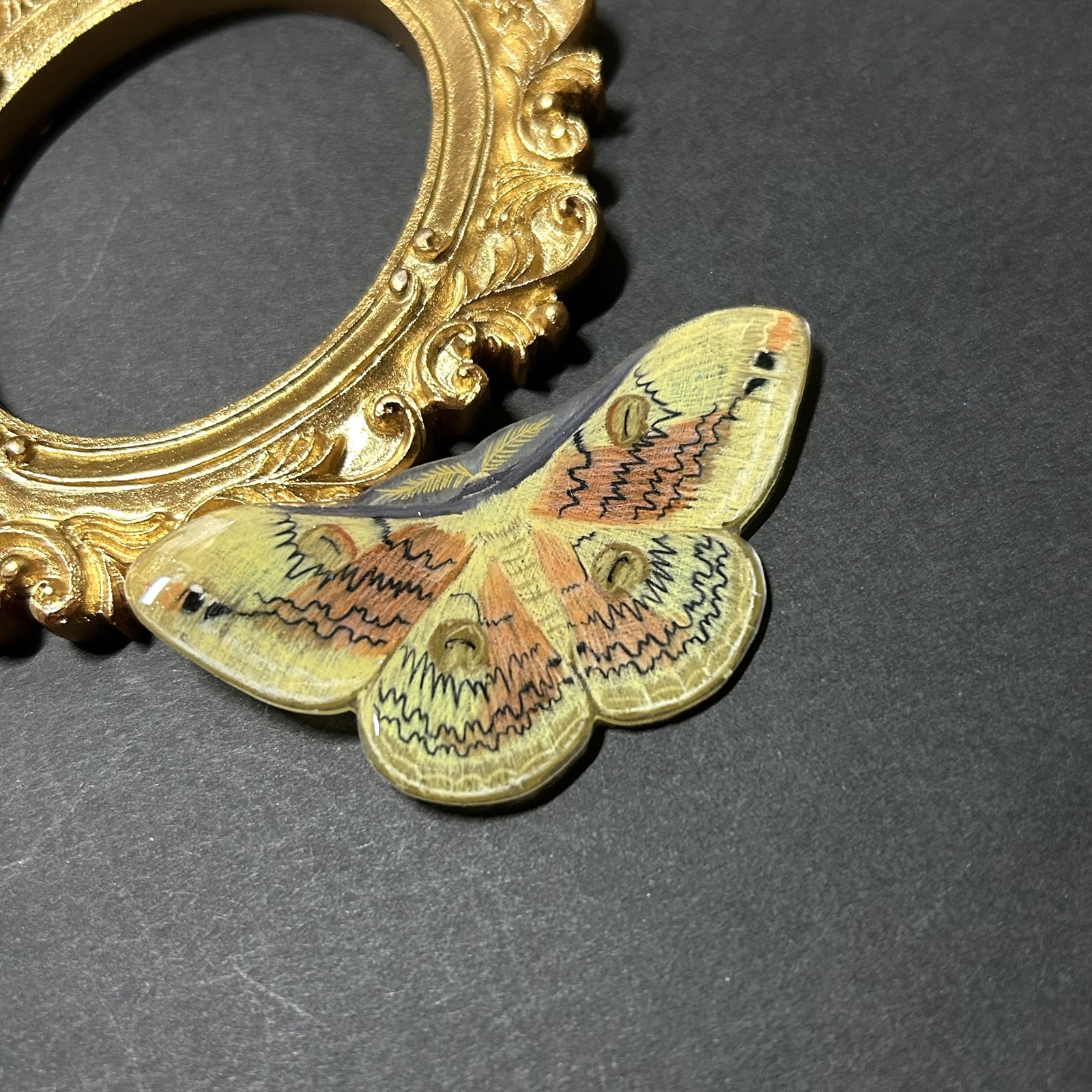 手描きのオーベルチュールハグルマヤママユのブローチ 蛾のブローチ