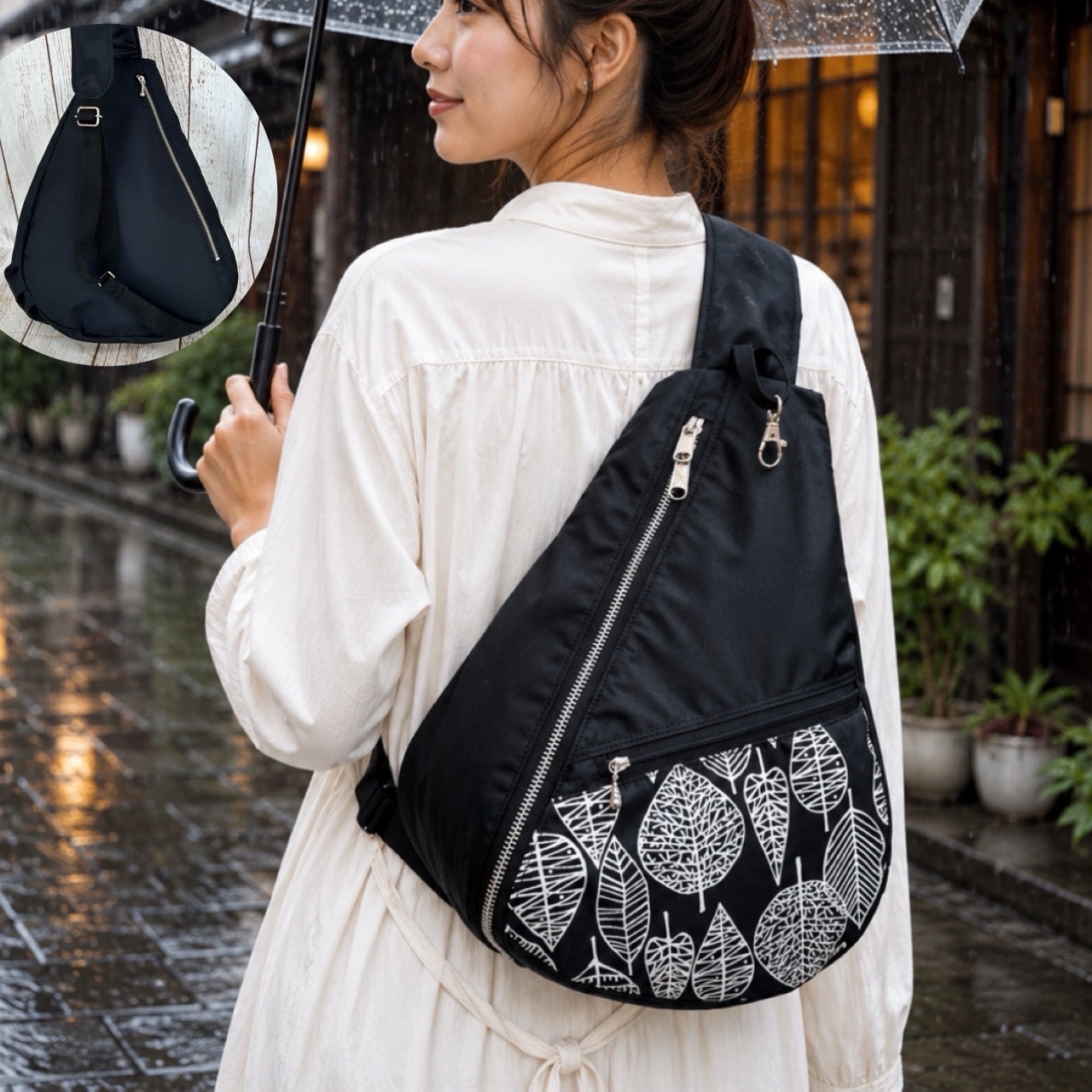 撥水　両開きファスナー開閉　背面ファスナーポケット付き　しずく型　ワンショルダーバック　長さ調節可能　ボディーバック　黒　北欧透かし葉柄 6,468円