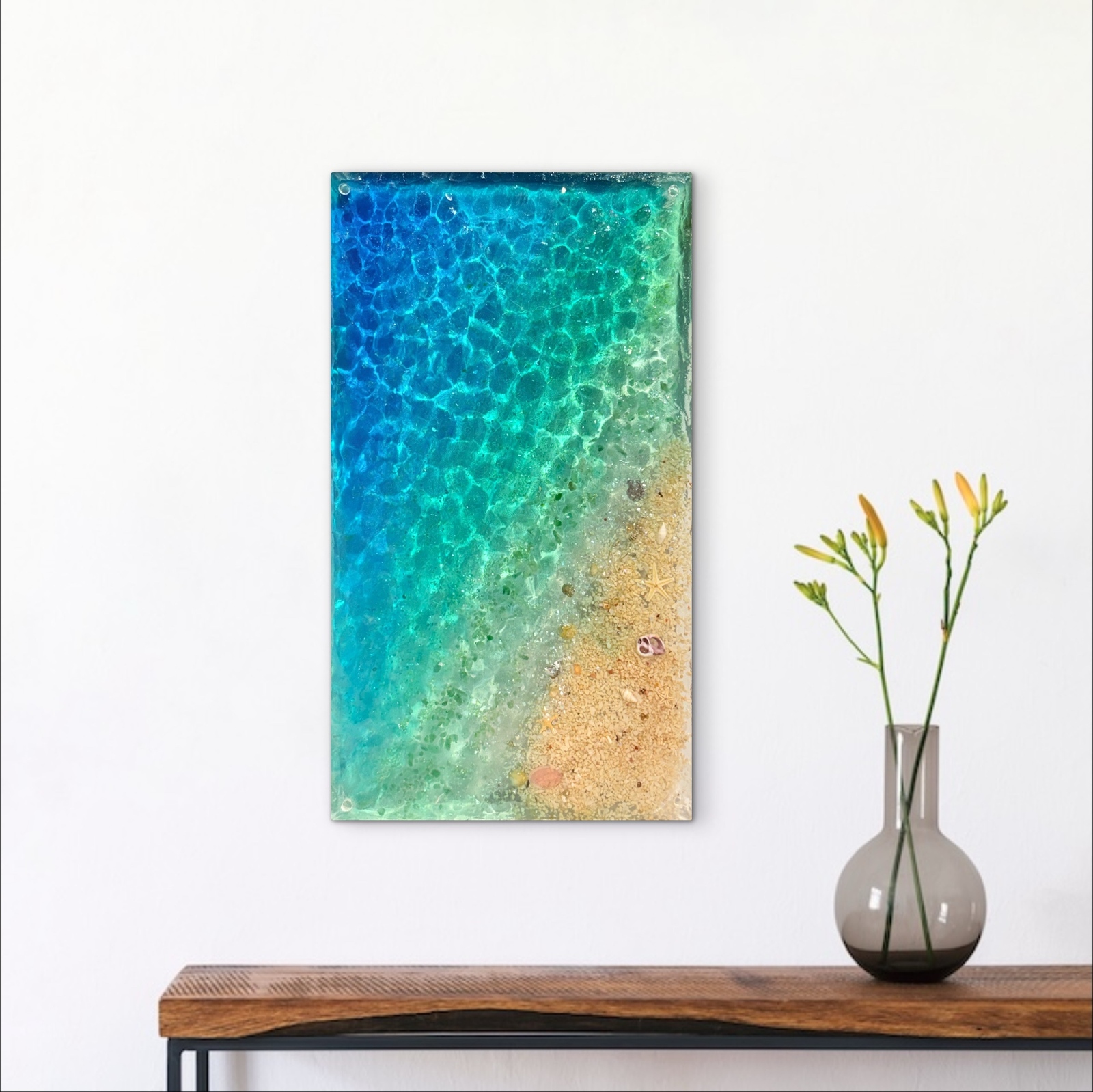 壁掛けアートパネルターコイズブルーのビーチ 110×25 壁飾り 