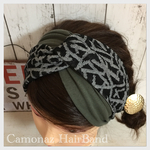 送料無料！モノトーン柄×カーキ ヘアバンド ターバン