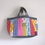 カラフルドット　縦パッチ　　横長トートBAG　♪　綿麻ダンガリー調　ブルー