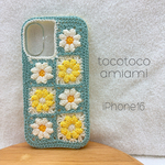 🌼iPhone16、17ケース🌼完成品🌼マーガレット🌼デイジー🌼モチーフ🌼ぷっくり🌼手編みスマホケース🌼スマホカバー🌼ソフトケース
