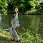 リカちゃん　グリーンの小花柄の浴衣と帯のセット　巾着付き
