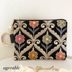  ★特集掲載★《大人気》🥀インド刺繍　インド刺繍リボン　花柄刺繍ポーチ　インド刺繍ポーチ　インド刺繍生地　カード入れ　キーケース　コスメポーチ　ポーチ　ギフト　フェイクレザー　黒　パールチャーム付き
