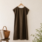 ハーフリネンワッシャー　フレンチスリーブナチュラルロング丈大人可愛いゆったりワンピース　ブラウン　linen long dress