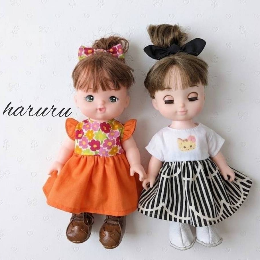 ワンピースとヘアゴムセット ネイビー水玉 Mサイズ メルちゃん 服