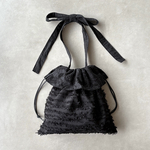 chiffon frill drawstring bag・black｜シフォンフリル巾着バッグ ブラック｜トートバッグ｜ショルダーバッグ｜リボンバッグ