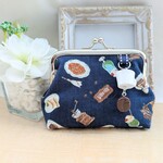 NEW✨レトロな喫茶店柄　ぷっくりがま口ポーチ👛　小銭入れ　小物入れ　 ハンドメイド　コーヒー　パフェ　ネイビー　プレゼントにも