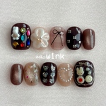 ᴺᴱᵂおめかしうさぎのネイルチップ⸝⋆ ブラウンネイル　マグネットネイル　お菓子　リボン　チェック　ぷっくり