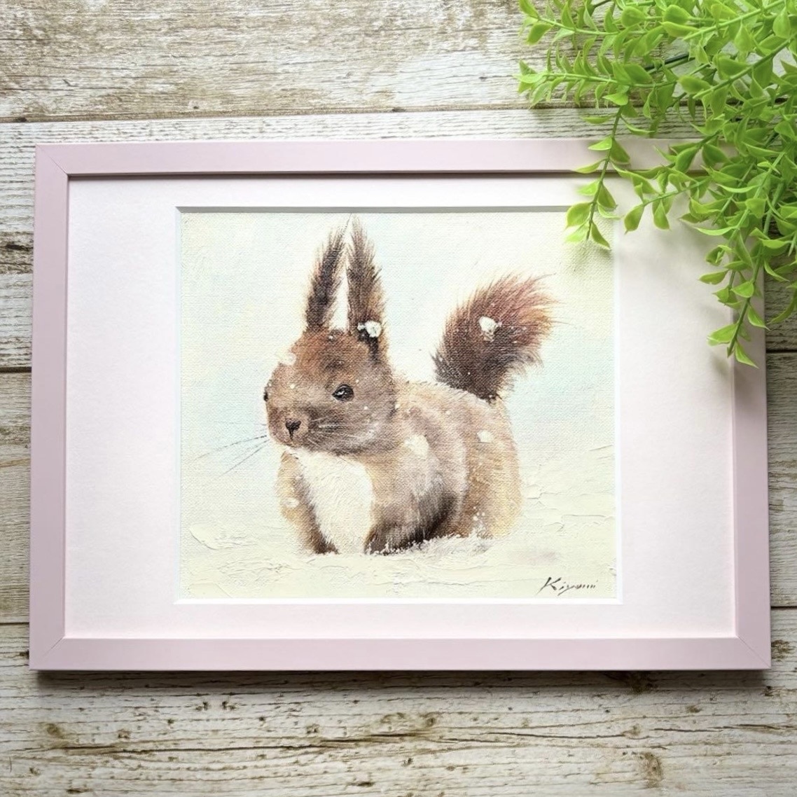 エゾリス 油絵原画　フレーム付き　約23x32cm 4,260円